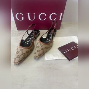 Gucci Beige Monogram Slingback Flats
